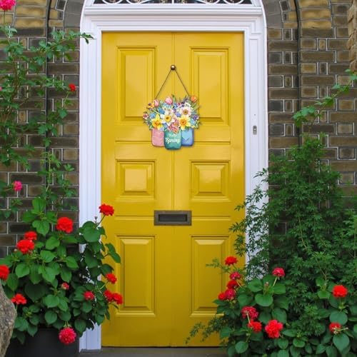 Hello Spring Summer Welcome Sign for Front Door Spring Flower with Jar Colorful Hanging Wreath 11.8"x11.8", alternate view 6