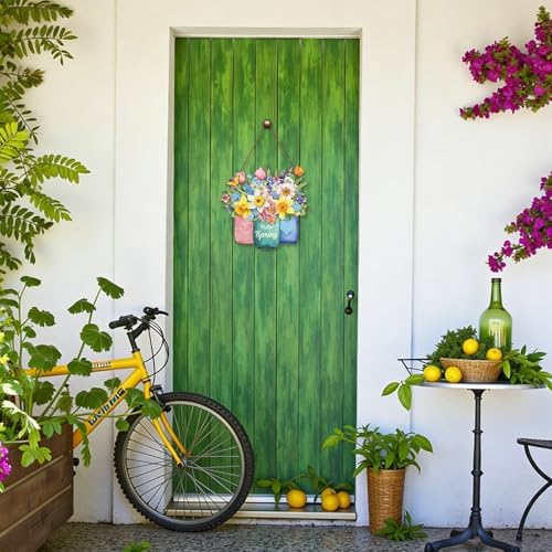 Hello Spring Summer Welcome Sign for Front Door Spring Flower with Jar Colorful Hanging Wreath 11.8"x11.8", alternate view 7