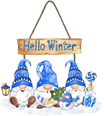 Hello Winter Sign Wreath 10.2x11.8in Gnome Welcome Sign for Front Door Decor Winte Wooden Door Hanging Plaque