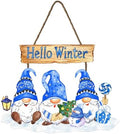 Hello Winter Sign Wreath 10.2x11.8in Gnome Welcome Sign for Front Door Decor Winte Wooden Door Hanging Plaque