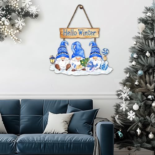 Hello Winter Sign Wreath 10.2x11.8in Gnome Welcome Sign for Front Door Decor Winte Wooden Door Hanging Plaque, alternate view