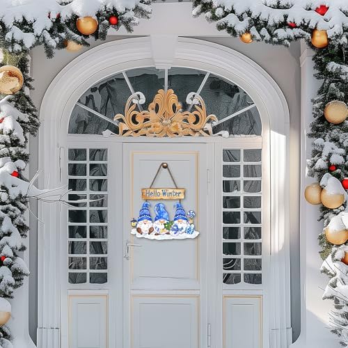 Hello Winter Sign Wreath 10.2x11.8in Gnome Welcome Sign for Front Door Decor Winte Wooden Door Hanging Plaque, alternate view