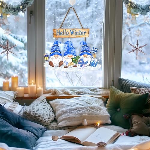 Hello Winter Sign Wreath 10.2x11.8in Gnome Welcome Sign for Front Door Decor Winte Wooden Door Hanging Plaque, alternate view
