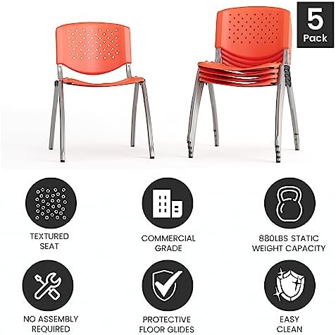 HERCULES -5 Pack 880 lb. Capacity Orange Plastic Stack Chair | Comfortable Seating with Durable Design, alternate view 5