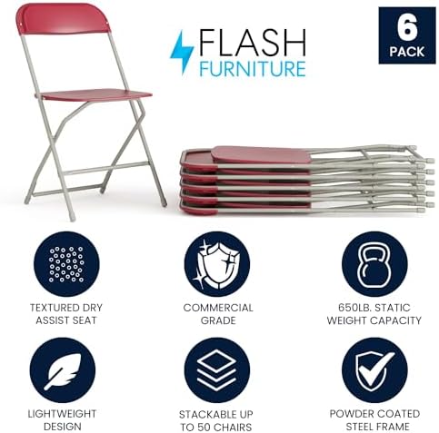 Hercules Series Plastic Folding Chair - Red - 6 Pack 650LB Weight Capacity Comfortable Event Chair-Lightweight, alternate