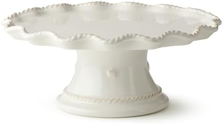 Heritage Scroll Footed Cake Plate - Elegant 11.5" x 4.75" Ivory Stoneware Pedestal Stand with Sculpted Rim