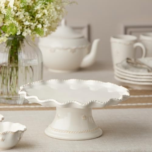 Heritage Scroll Footed Cake Plate - Elegant 11.5" x 4.75" Ivory Stoneware Pedestal Stand with Sculpted Rim, alternate view 4