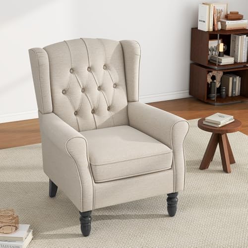 High Back Accent Chair, Fabric Upholstered Wingback Armchair, Beige in Beige, alternate view 4