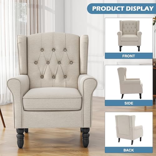 High Back Accent Chair, Fabric Upholstered Wingback Armchair, Beige in Beige, alternate view 6