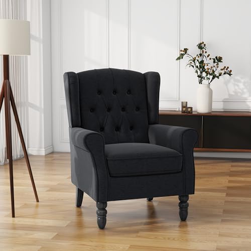 High Back Accent Chair, Upholstered Wingback Armchair, Black Blue