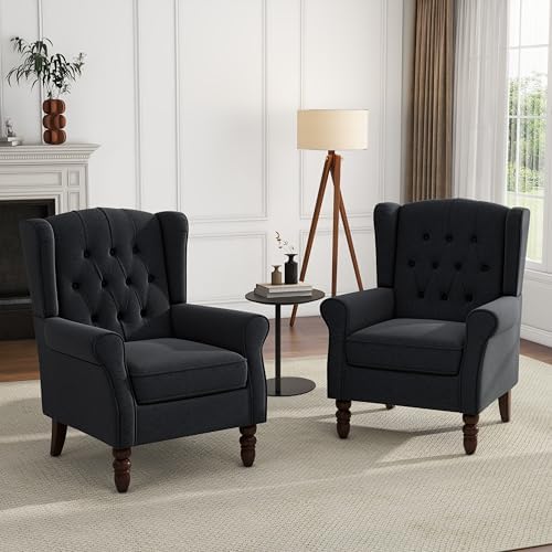 High Back Accent Chairs Set of 2, Black Blue Fabric Wingback Armchair