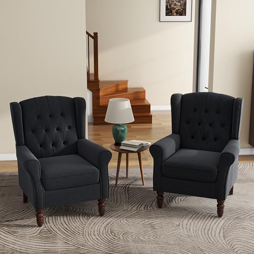 High Back Accent Chairs Set of 2, Black Blue Fabric Wingback Armchair, alternate view 6