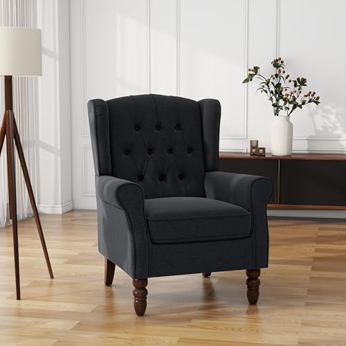 High Back Accent Chairs Set of 2, Black Blue Fabric Wingback Armchair, alternate view 7