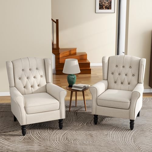 High Back Accent Chairs Set of 2, Wingback Armchair in Fabric, Beige in Beige, alternate view 3