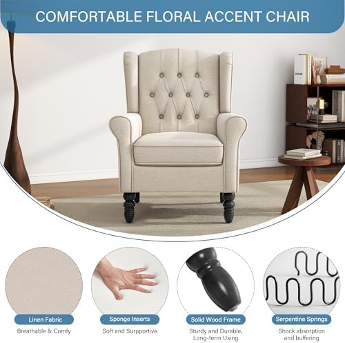 High Back Accent Chairs Set of 2, Wingback Armchair in Fabric, Beige in Beige, alternate view 5