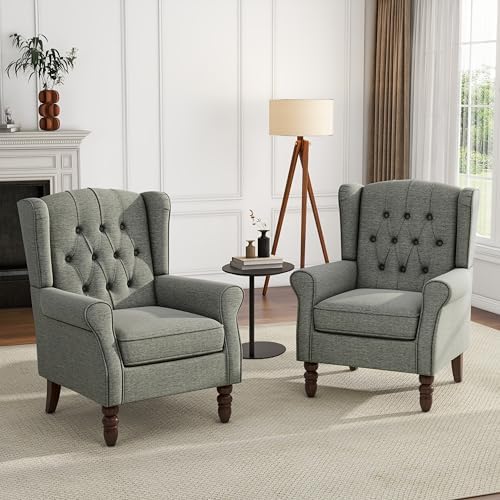 High Back Accent Chairs Set of 2, Wingback Armchair in Fabric, Gray in Gray