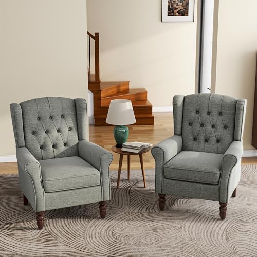 High Back Accent Chairs Set of 2, Wingback Armchair in Fabric, Gray in Gray, alternate view 6