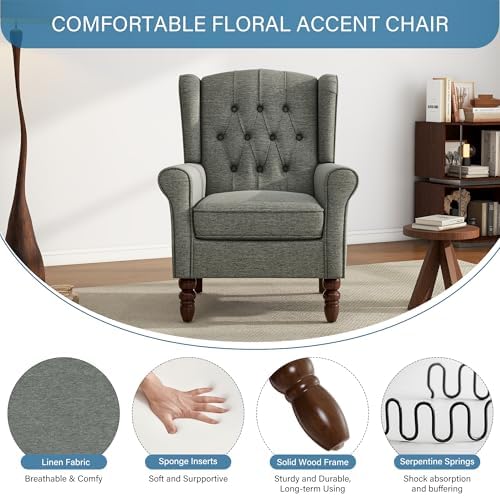 High Back Accent Chairs Set of 2, Wingback Armchair in Fabric, Gray in Gray, alternate view 7