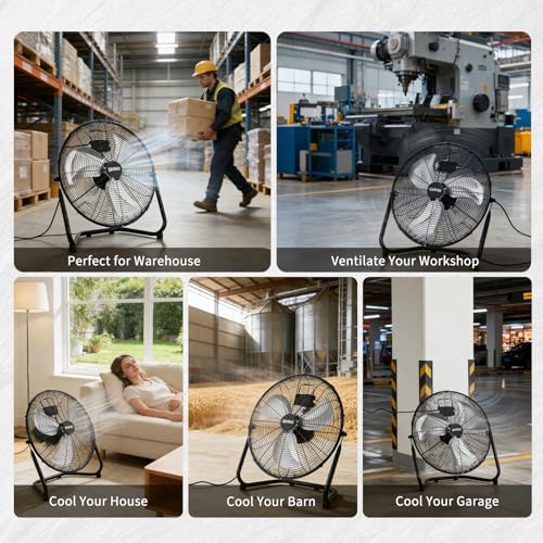High Speed Industrial Floor Fan - 3300 CFM Heavy Duty Metal Air Circulator - 3 Speeds, 360° Adjustable Tilt, alternate view 4