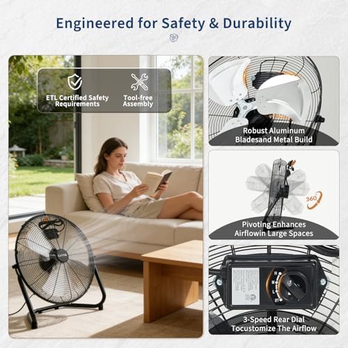 High Speed Industrial Floor Fan - 3300 CFM Heavy Duty Metal Air Circulator - 3 Speeds, 360° Adjustable Tilt, alternate view 5