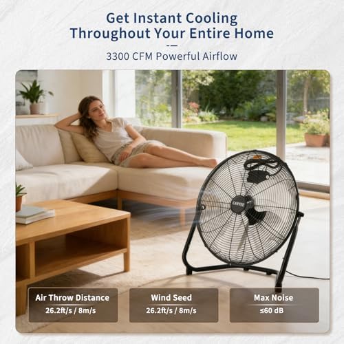 High Speed Industrial Floor Fan - 3300 CFM Heavy Duty Metal Air Circulator - 3 Speeds, 360° Adjustable Tilt, alternate view 6