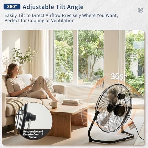 High Speed Industrial Floor Fan - 3300 CFM Heavy Duty Metal Air Circulator - 3 Speeds, 360° Adjustable Tilt, alternate view 7