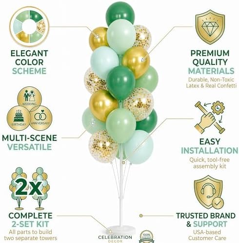 Hiins 2 Set Sage Green Gold Party Balloon Column Kit For floor Decor, alternate view 3