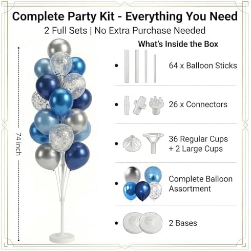 HIINS 2Set Blue Silver Balloon Column Kit With Base&Pole for Party Decor, alternate view 3