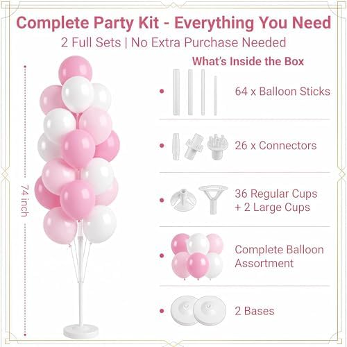 HIINS Baby Pink Chrome Balloon Column Kit Set of 2 with Base for Birthday Party, alternate view 3