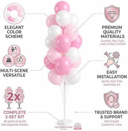 HIINS Baby Pink Chrome Balloon Column Kit Set of 2 with Base for Birthday Party, alternate view 6