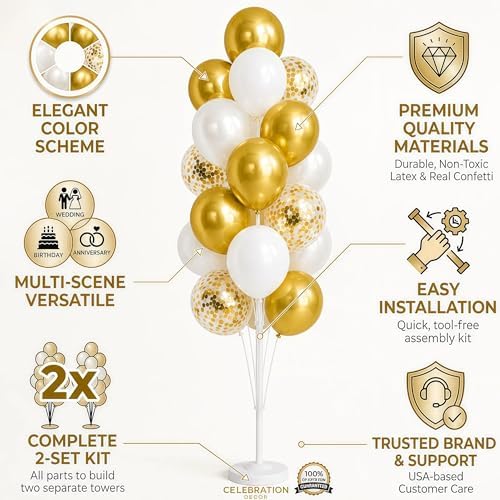 Hiins Gold Balloon Column Kit Set of 2 With Base for Prom Party Decor, alternate view 3