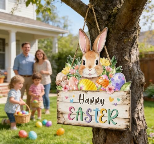 Hollow Bunny Easter Wreath - Wooden Spring Door Sign for Home Decor, Front Door, Wall & Outdoor Party Supplies, alternate