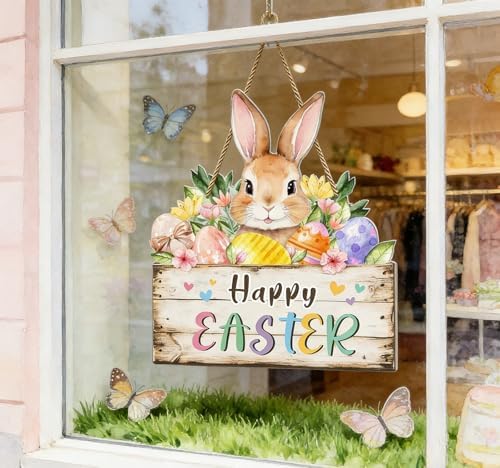 Hollow Bunny Easter Wreath - Wooden Spring Door Sign for Home Decor, Front Door, Wall & Outdoor Party Supplies, alternate