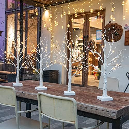 Home Decorations Light Up White Birch Tree Indoor Christmas Decor, 4 Pack Battery Operated/USB Lighted Tabletop