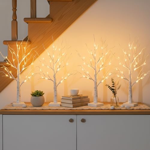 Home Decorations Light Up White Birch Tree Indoor Christmas Decor, 4 Pack Battery Operated/USB Lighted Tabletop, alternate