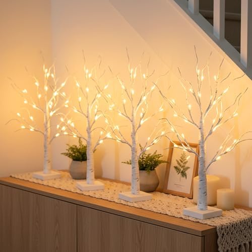 Home Decorations Light Up White Birch Tree Indoor Christmas Decor, 4 Pack Battery Operated/USB Lighted Tabletop, alternate