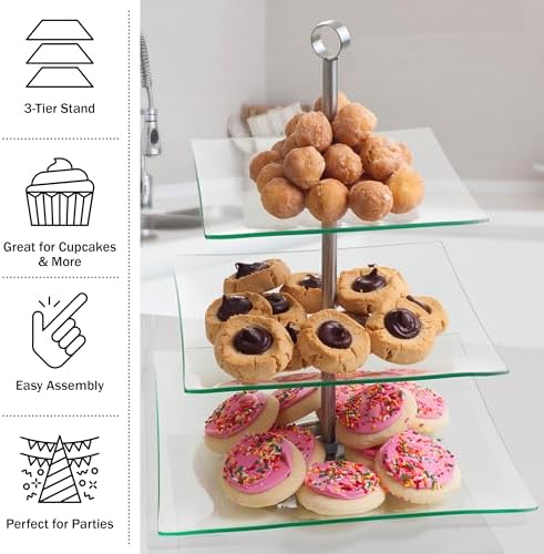 Home Dess Three Tier Square Glass Buffet and Dessert Stand, 1 Pack, Clear in Clear, alternate view 6