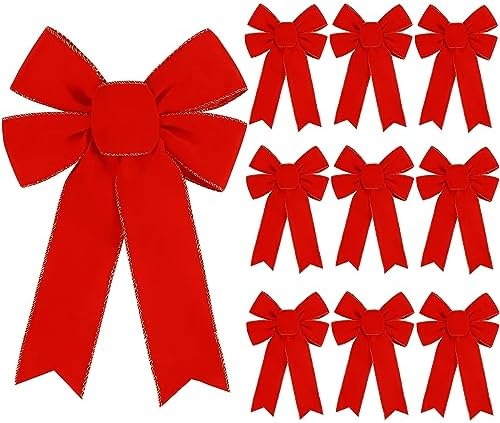 Hongsome 10 Pack Red Bows Christmas Tree Decorations,9”x13”Large Velvet Ornament Bow with Glitter Gold Edge for