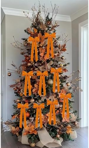 Hongsome 12Pcs Fall Velvet Ribbon Bows Tree Decorations 5in x 10in Orange, alternate view 4