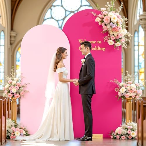 Hot Pink and Light Pink Arch Backdrop Cover 7.2FT 6FT Wedding Arch Covers Set of 2 Double-Color Arch Covers, alternate view 7