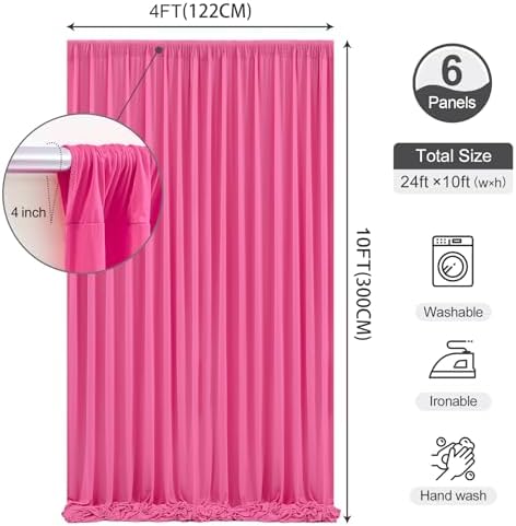 Hot Pink Backdrop Curtains 24 x 10 ft for Photo Background Wrinkle-Free in W4' x H10'(6 panels) in Hot Pink, alternate view 4