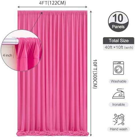 Hot Pink Backdrop Curtains 40 x 10 ft for Photo Background Wrinkle-Free in W4' x H10'(10 panels) in Hot Pink, alternate view