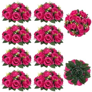 Hot Pink Flowers for Wedding: 10 Pcs Fakel Rose Balls for Table in 9.5"x4.75" in Hot Pink
