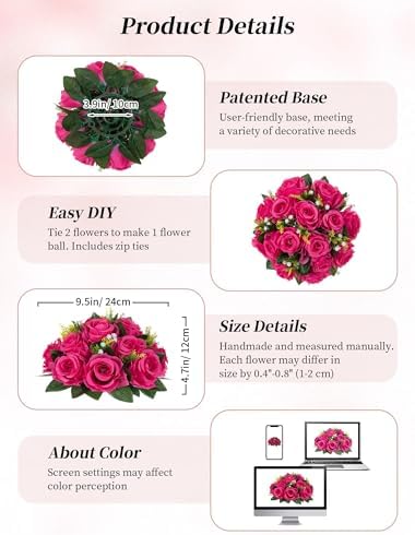 Hot Pink Flowers for Wedding: 10 Pcs Fakel Rose Balls for Table in 9.5"x4.75" in Hot Pink, alternate view 6
