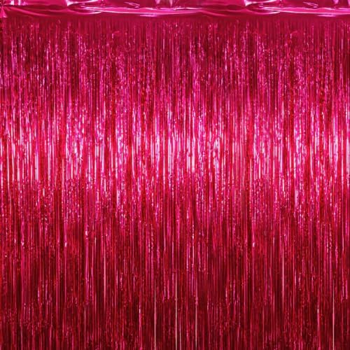 Hot Pink Fringe Backdrop, 4 Pack 3.3 x 6.6 ft Foil Fringe Curtains in 3.3 x 6.6 ft