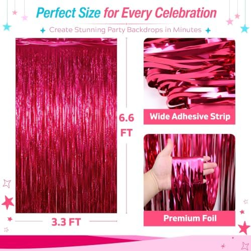 Hot Pink Fringe Backdrop, 4 Pack 3.3 x 6.6 ft Foil Fringe Curtains in 3.3 x 6.6 ft, alternate view 2