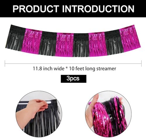 Hot Pink Fringe Garland Banner 30ft Wall Tinsel Foil Streamers in Black Hot Pink, alternate view 2