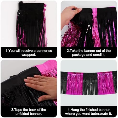 Hot Pink Fringe Garland Banner 30ft Wall Tinsel Foil Streamers in Black Hot Pink, alternate view 3