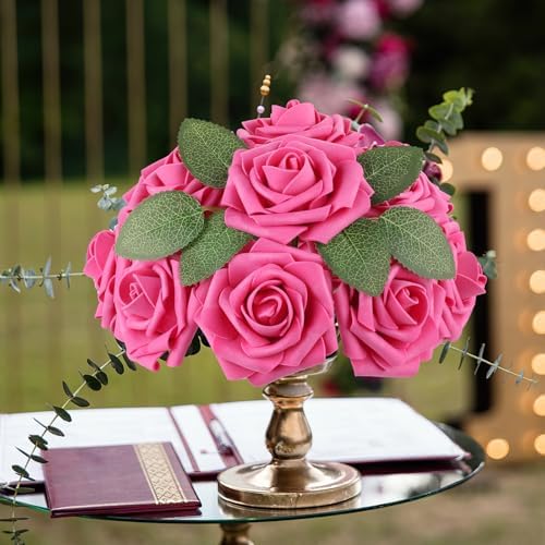 Hot Pink Rose 25pcs Real Looking Artificial Flowers w/Stem in Hot Pink, alternate view 2