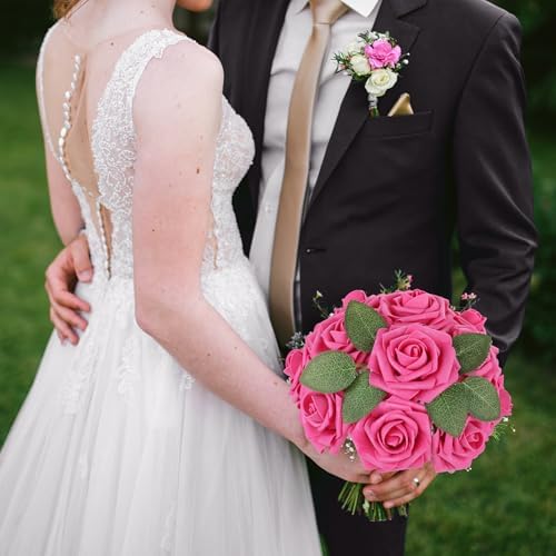 Hot Pink Rose 25pcs Real Looking Artificial Flowers w/Stem in Hot Pink, alternate view 4